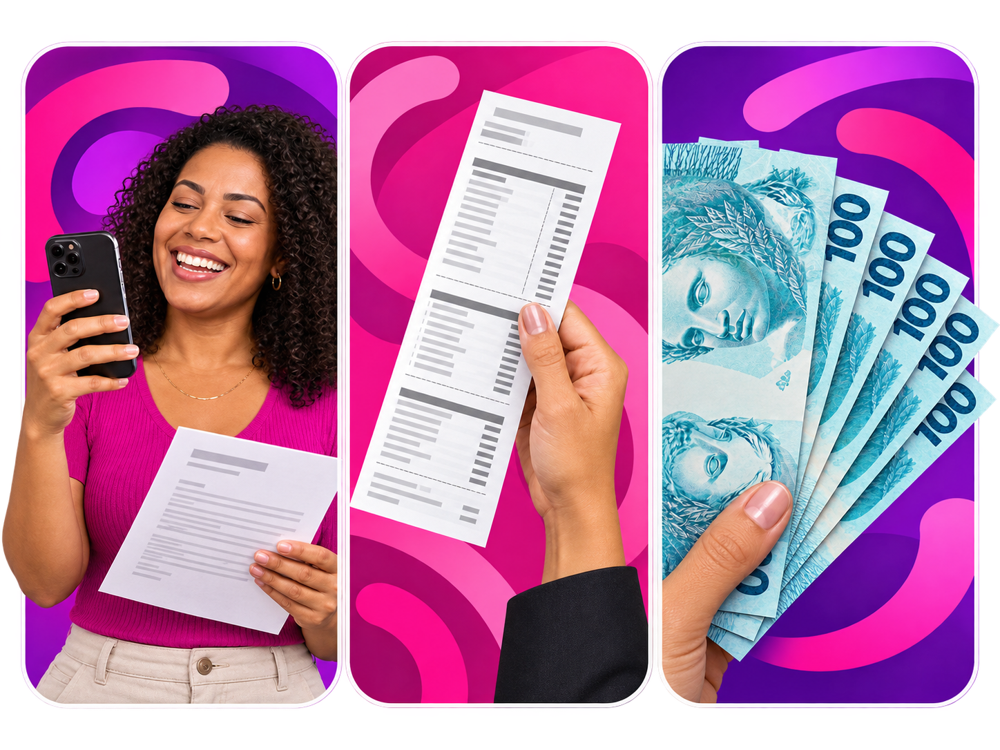 Três imagens sobre crédito: cliente no celular, documento financeiro e notas de dinheiro