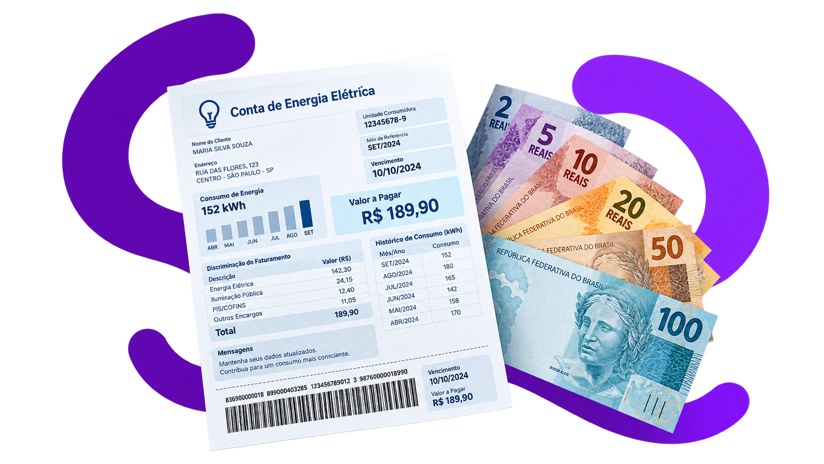 Conta de energia elétrica e notas de real com elementos roxos da Credenzza