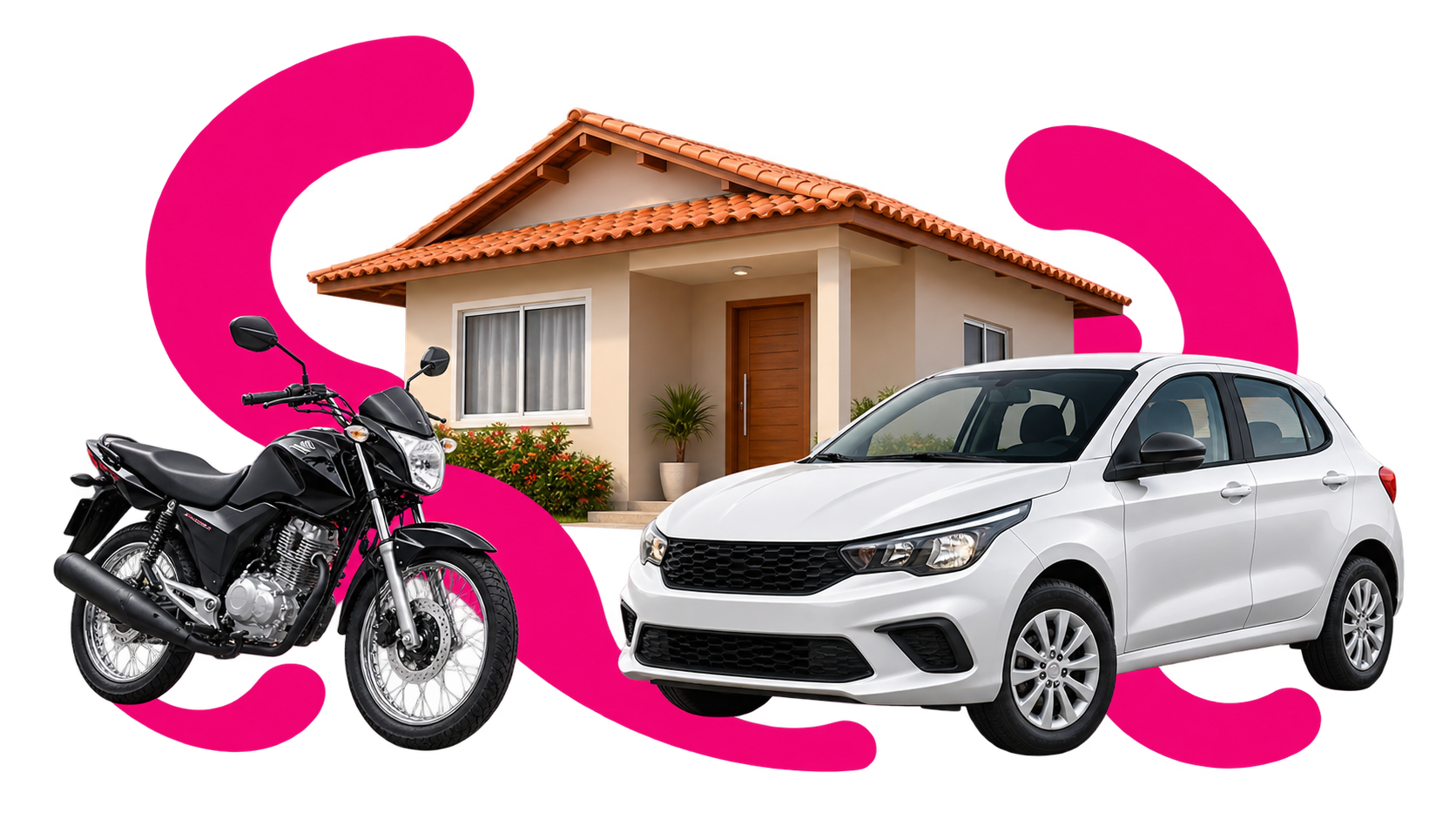 Casa, carro e moto representando opções de bem em garantia